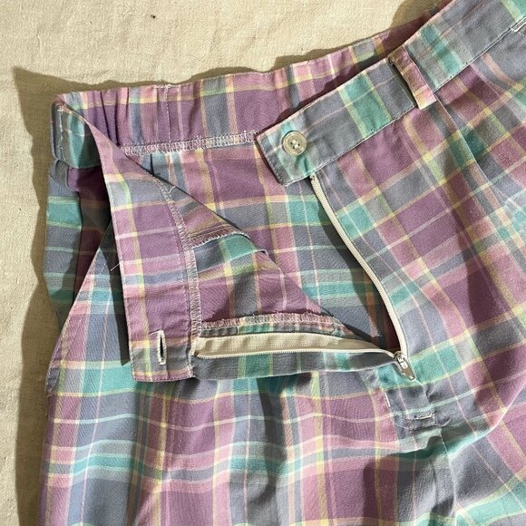 90s Vintage Jantzen Purple Blue Cream Pastel Plaid Shorts with Pockets Size 14 - Picture 2 of 4